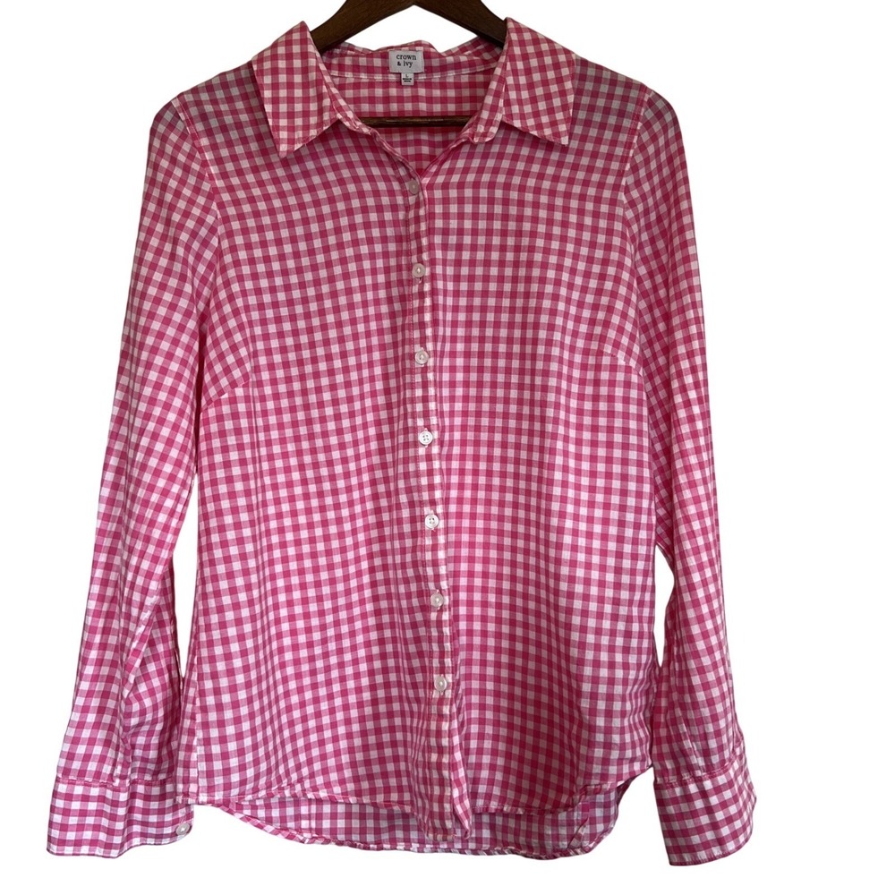 Crown & Ivy Womens Pink Gingham Button Down‎ Shirt 100% Cotton Long Sleeve Large